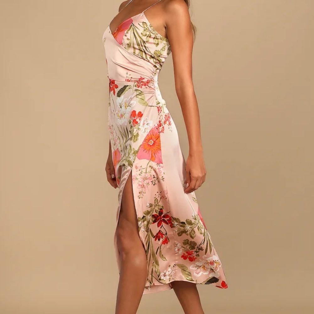 Floral Pink Slip Midi Dress with Side Slit - Picture 2 of 6